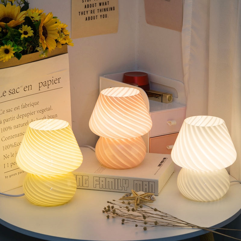 한국 스타일 유리 LED 책상 램프 스트라이프 버섯 테이블 램프 장식, 귀여운 유리 반투명 침대 옆 램프